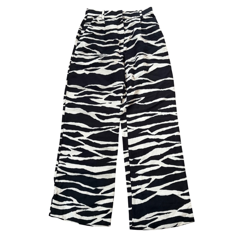 NWT H&M Zebra Print Linen Blend Wide Leg Pants High Rise US 6 Animal Boho Artsy